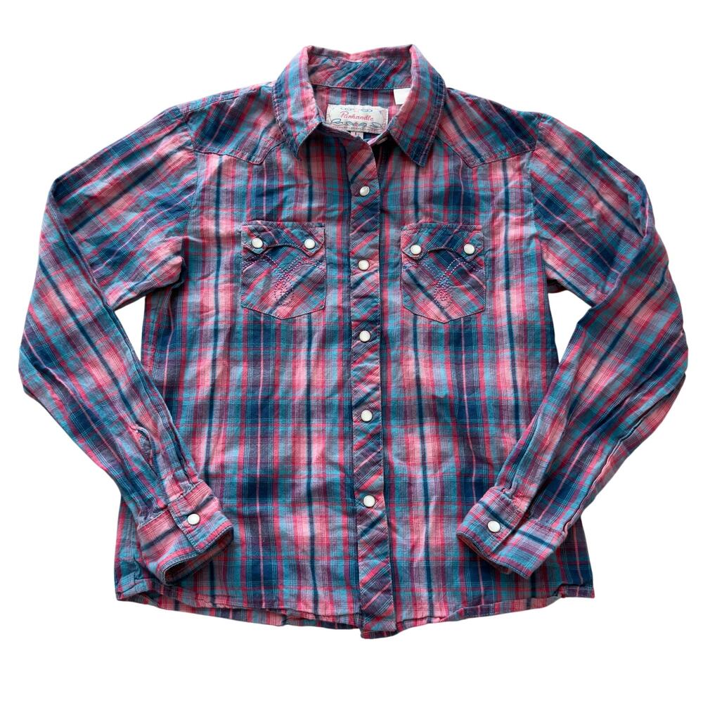 Panhandle Slim Girls Western Plaid Snap Front Shirt Pink Blue Size Large